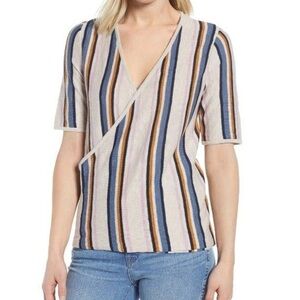 Caslon Multicolor Striped V-Neck Faux Wrap Sweater in